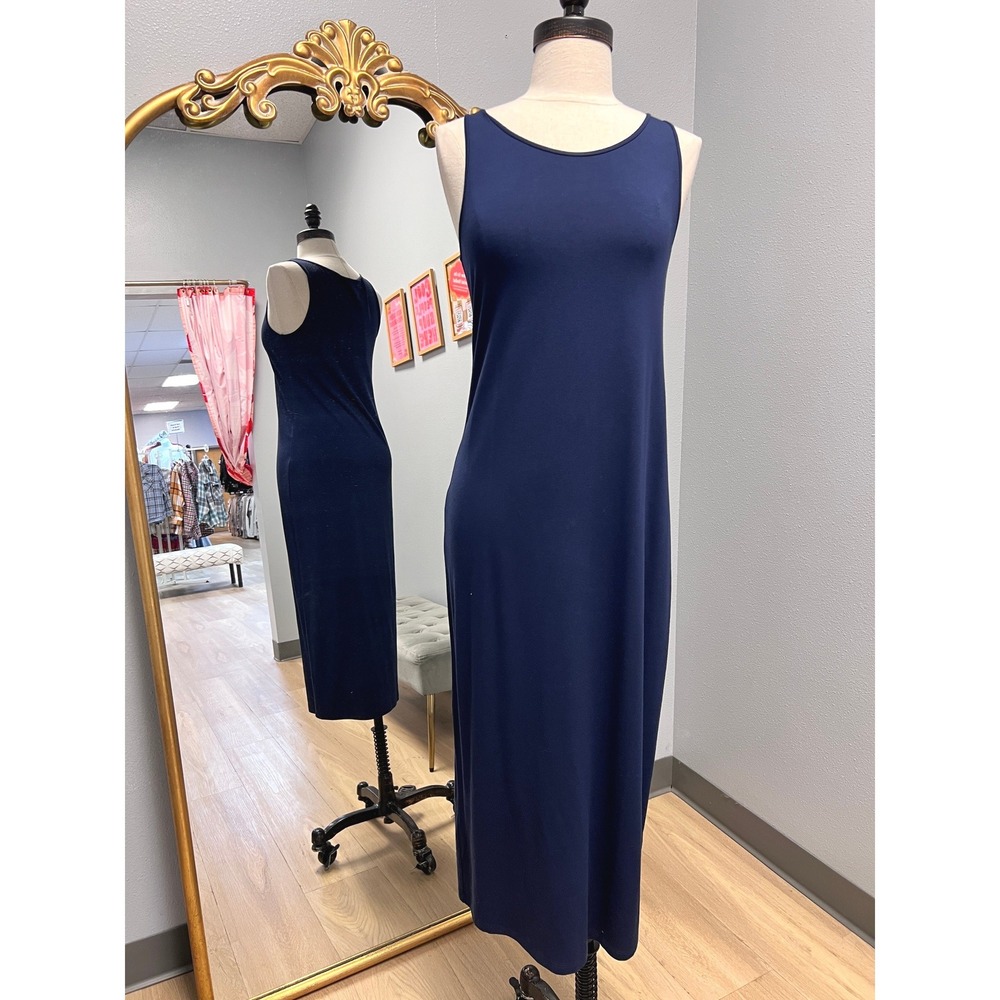 Eileen Fisher Scoop Neck F/L Dress Womens PS Midnight Navy New The System Maxi